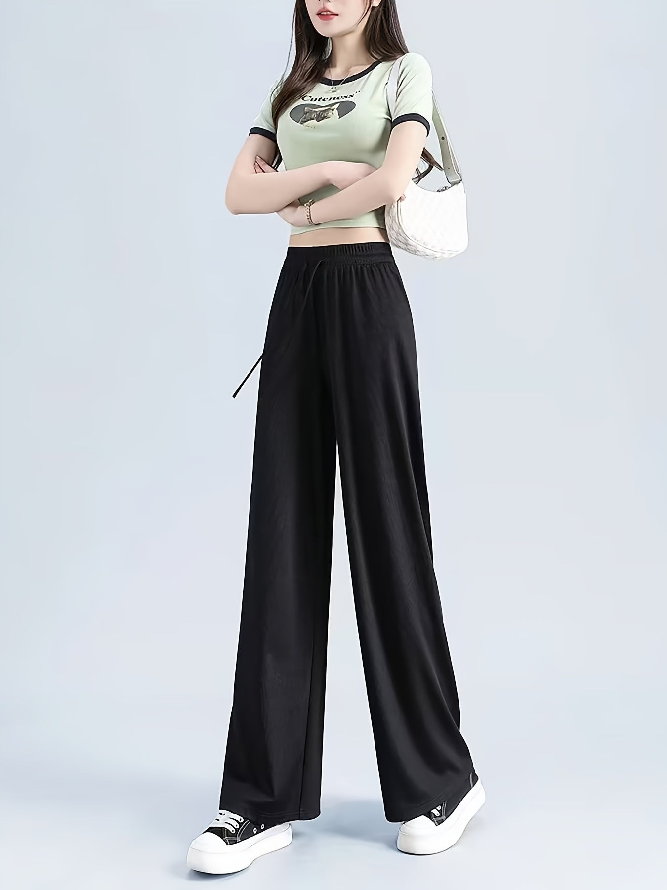 High-Waisted Wide-Leg Pants Straight Leg with Drawstring Waist