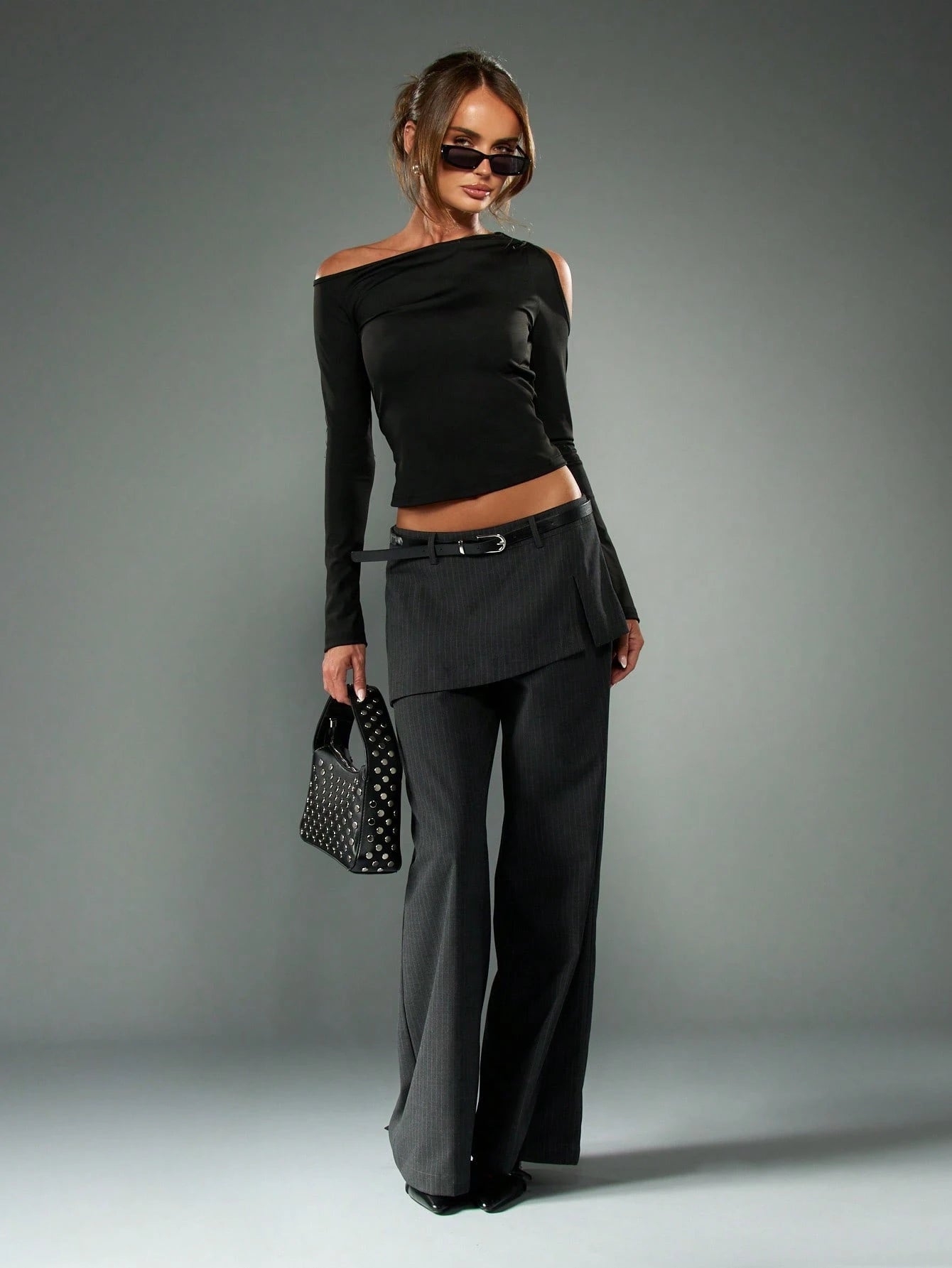 Off Shoulder Long Sleeve Crop Top Cold Shoulder Cutout Design Black Fitted Shirt
