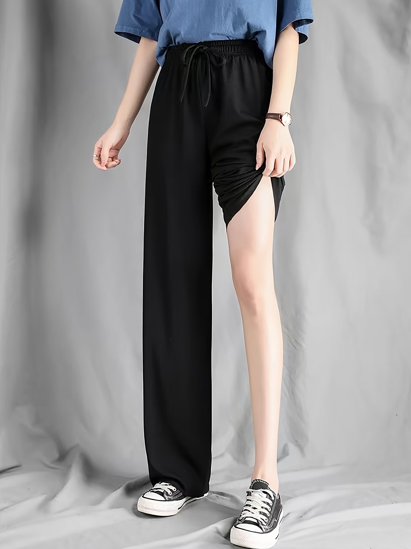 High-Waisted Wide-Leg Pants Straight Leg with Drawstring Waist