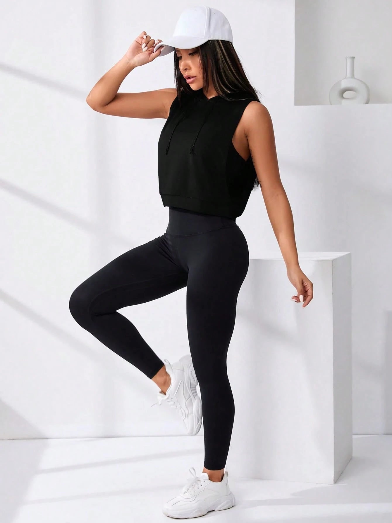 Cut Out Drawstring Sports Hoodie Cropped Hoodie