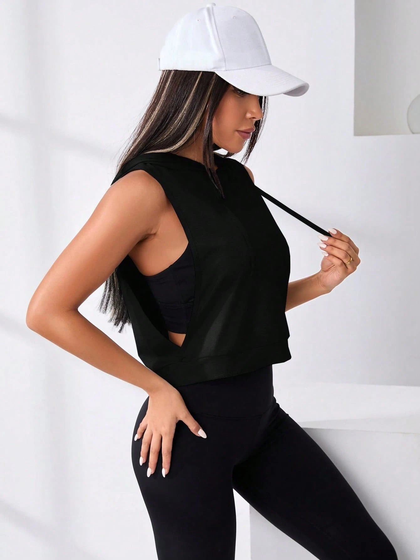 Cut Out Drawstring Sports Hoodie Cropped Hoodie