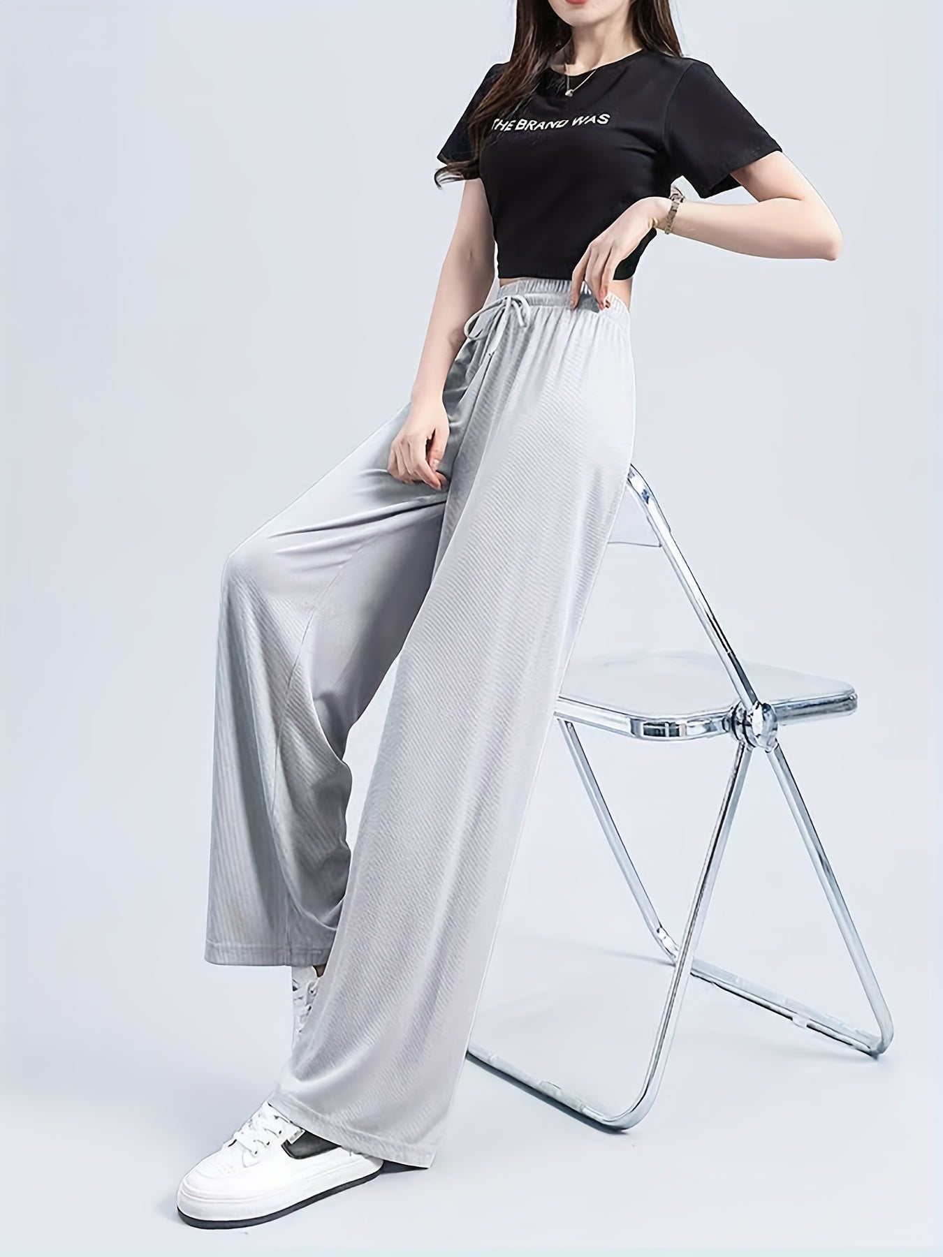 High-Waisted Wide-Leg Pants Straight Leg with Drawstring Waist
