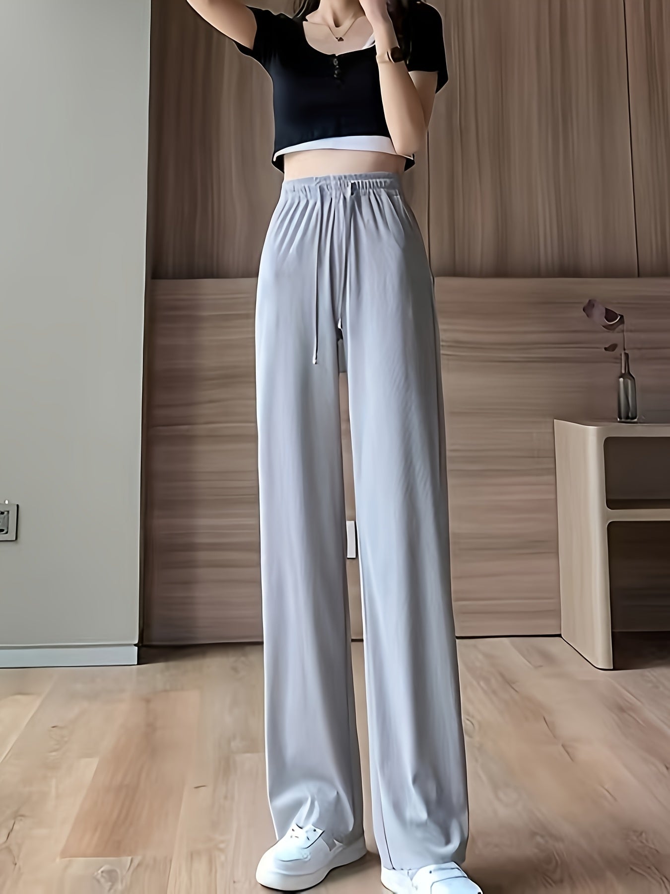 High-Waisted Wide-Leg Pants Straight Leg with Drawstring Waist