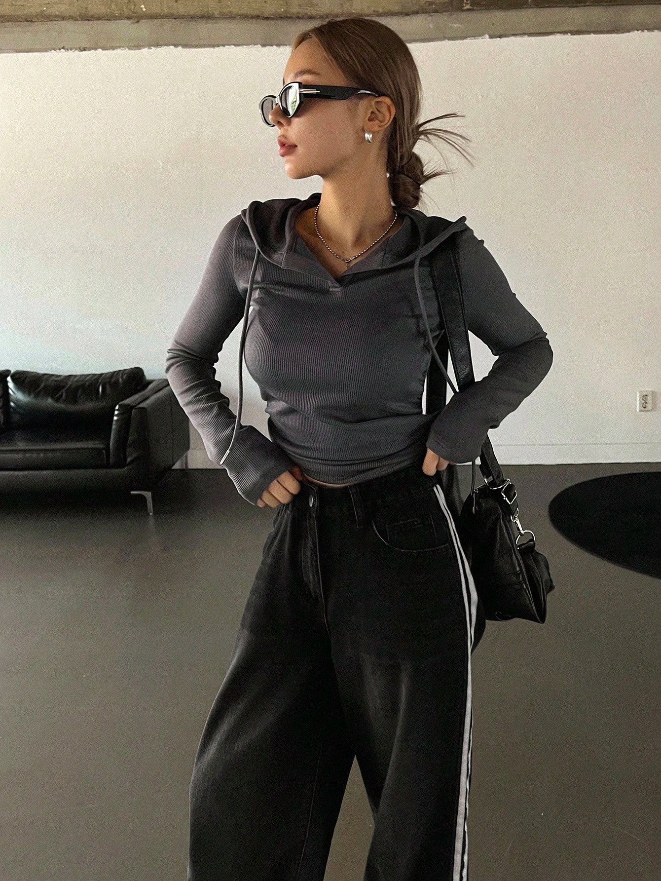 Solid Color Drawstring Hooded Long Sleeve T-Shirt