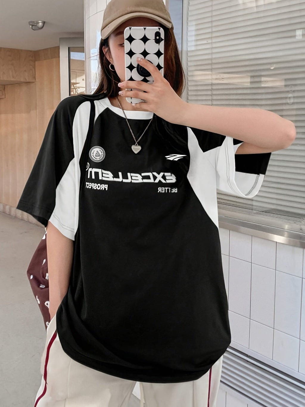 Casual Crew Neck T-Shirt, Color Block Half Sleeve Tee Loose Fit