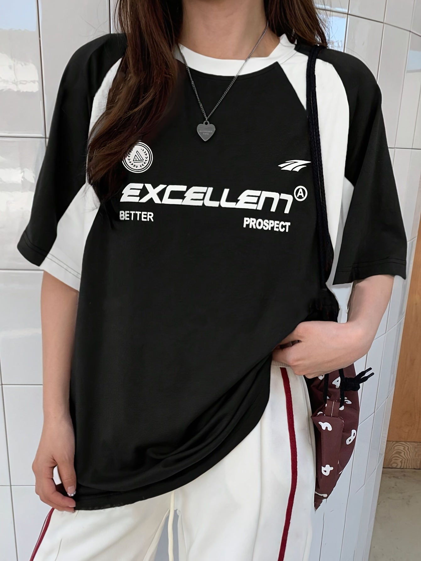 Casual Crew Neck T-Shirt, Color Block Half Sleeve Tee Loose Fit