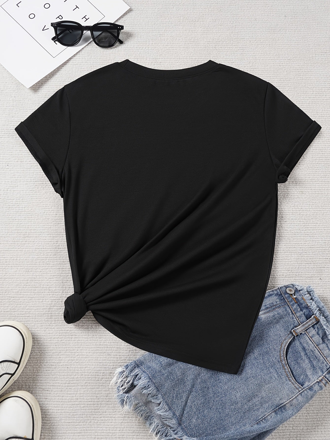 Black T-Shirt with Pink '07' Graphic - Casual Short Sleeve Blouse