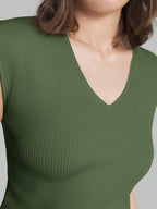 Solid Color Urban Chic Fashion Casual V-Neck Cap Sleeve Knit Blouse