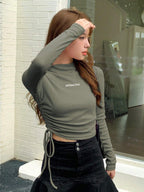 Letter Graphic Drawstring Side Mock Neck Tee