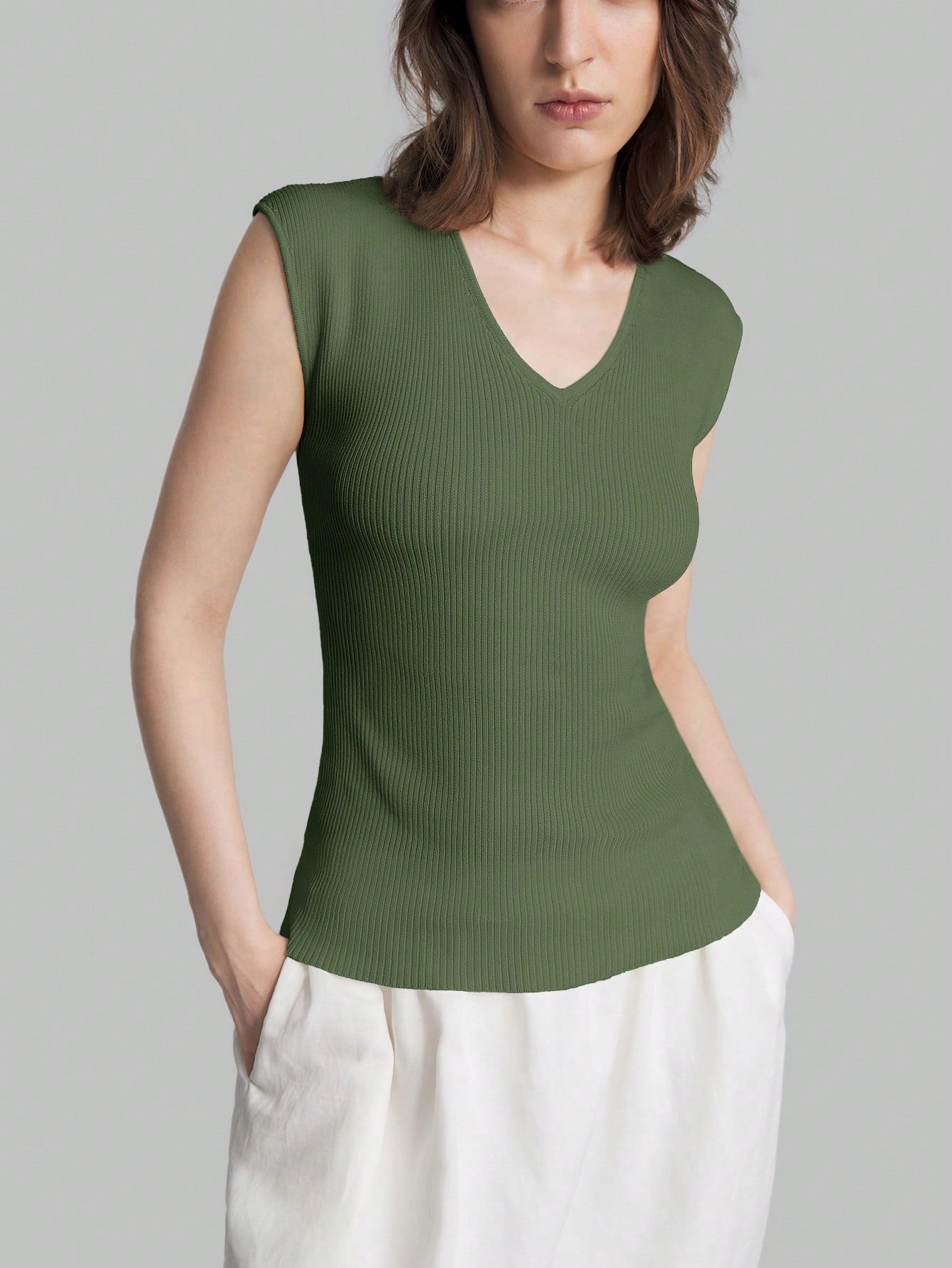 Solid Color Urban Chic Fashion Casual V-Neck Cap Sleeve Knit Blouse