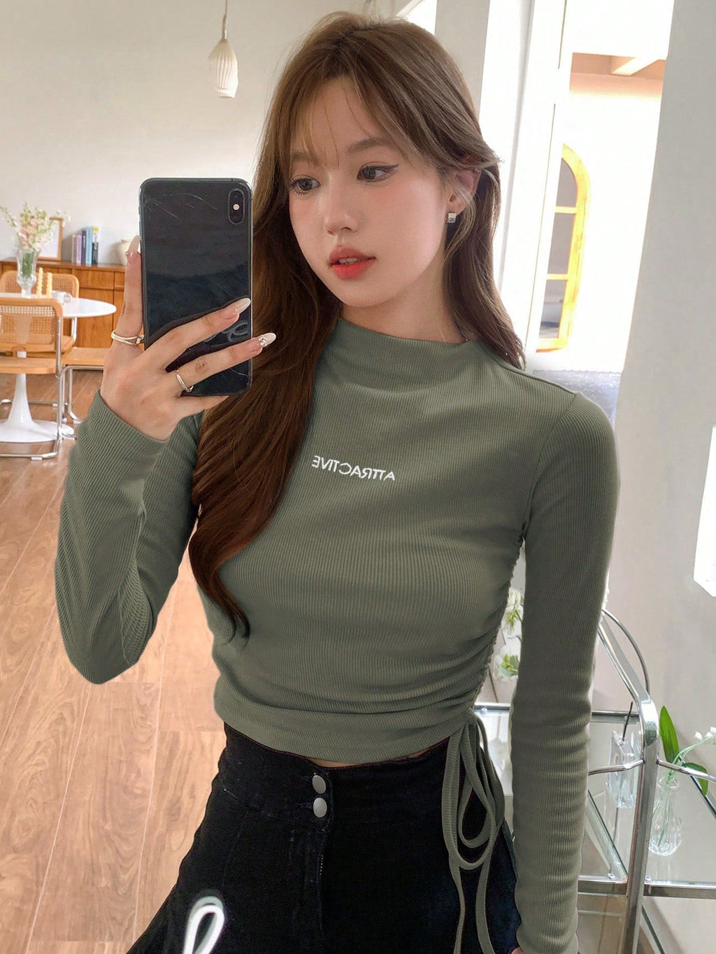 Letter Graphic Drawstring Side Mock Neck Tee
