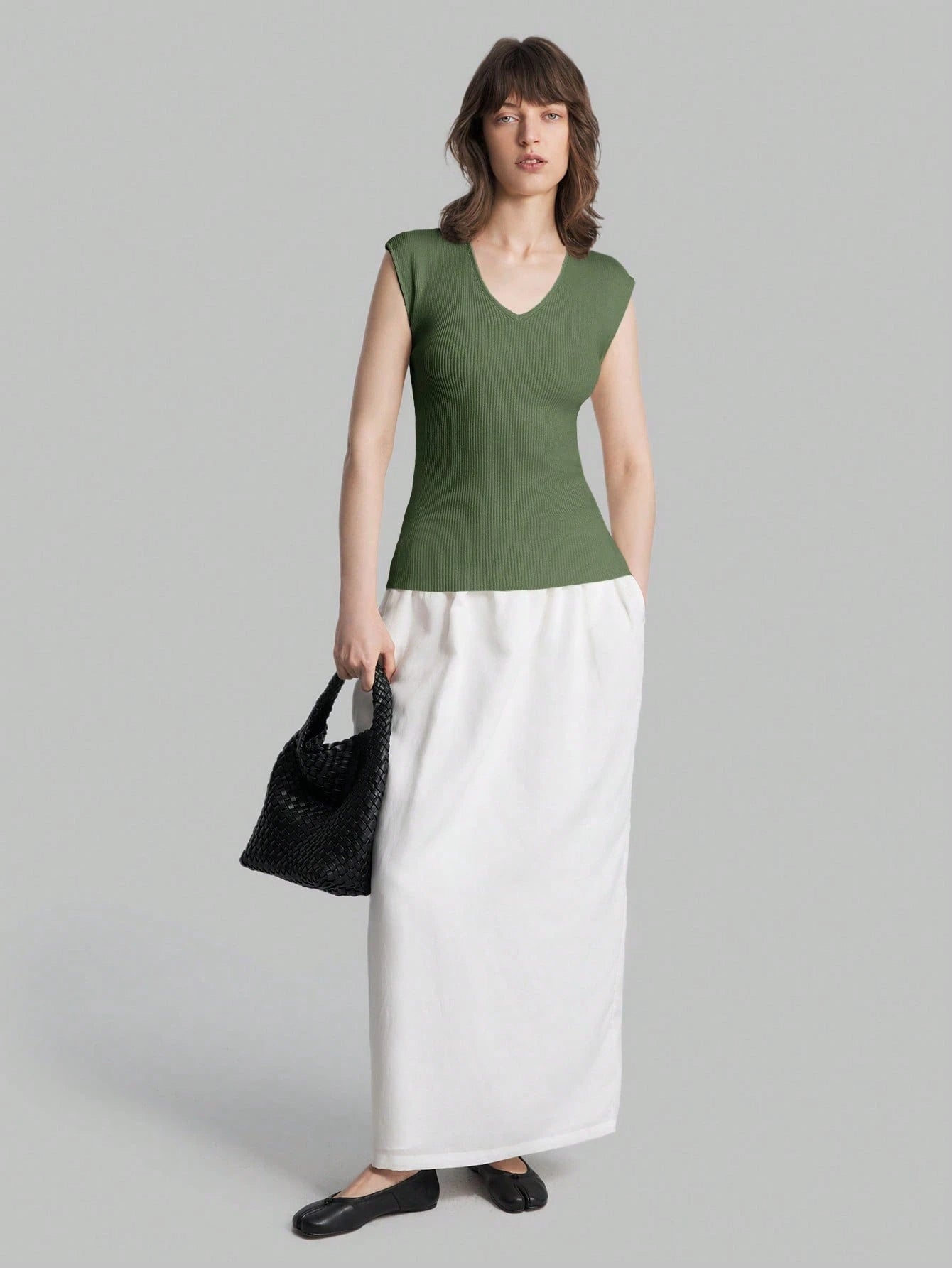 Solid Color Urban Chic Fashion Casual V-Neck Cap Sleeve Knit Blouse