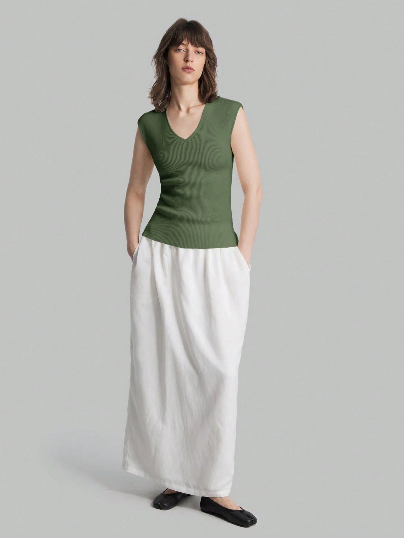 Solid Color Urban Chic Fashion Casual V-Neck Cap Sleeve Knit Blouse