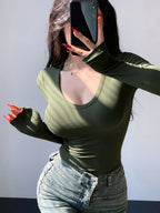 Solid Color Ribbed Slim Fit Long Sleeve T-Shirt