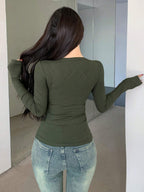 Solid Color Ribbed Slim Fit Long Sleeve T-Shirt