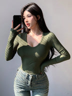 Solid Color Ribbed Slim Fit Long Sleeve T-Shirt