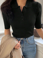 Polo Neck Half-Open Knitted Top With Short Sleeves Summer