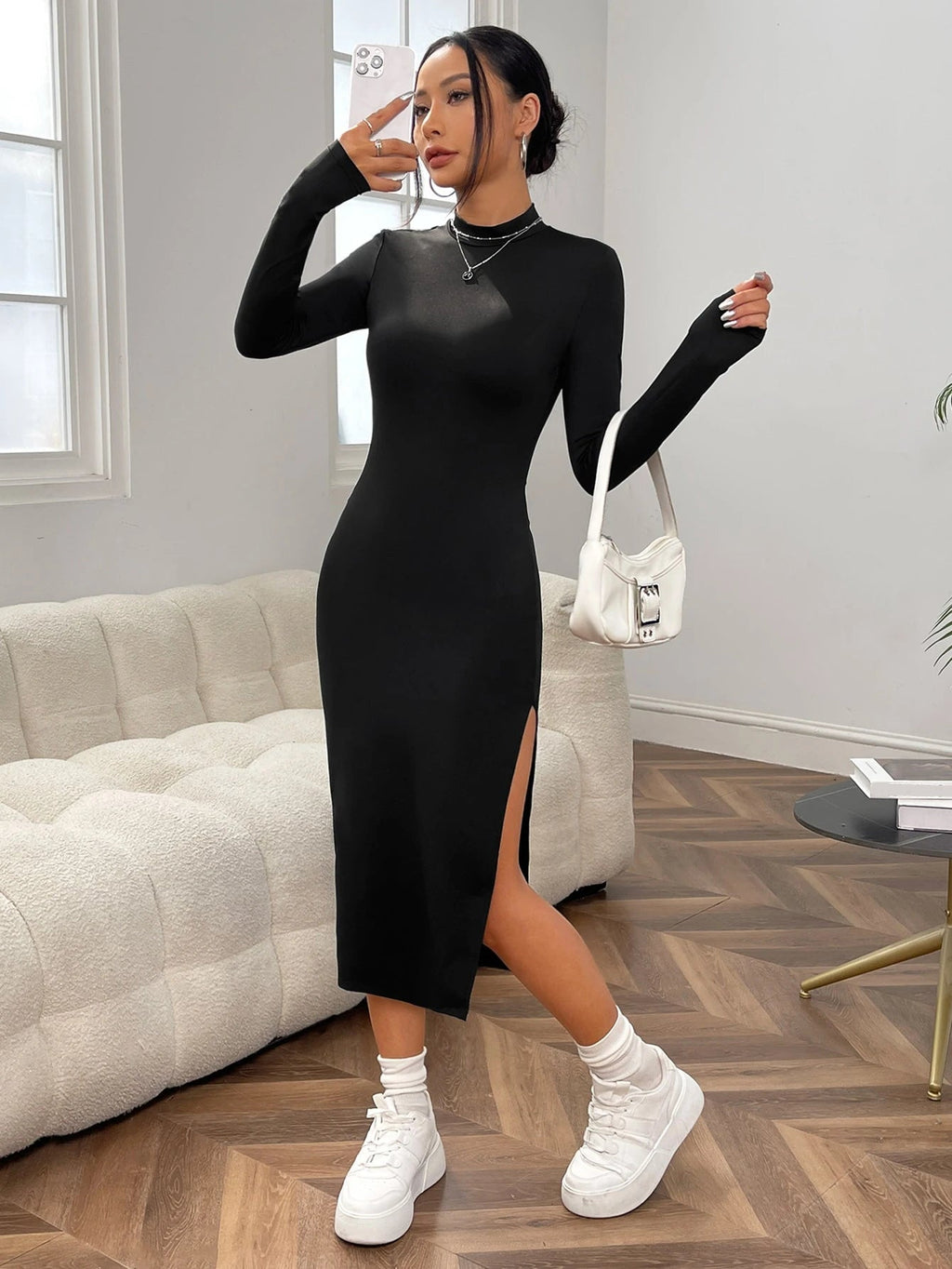 Mock Neck Split Thigh Bodycon Black Dress