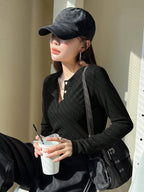 Women's Semi-Open Collar Fitted Long Sleeve T-Shirt