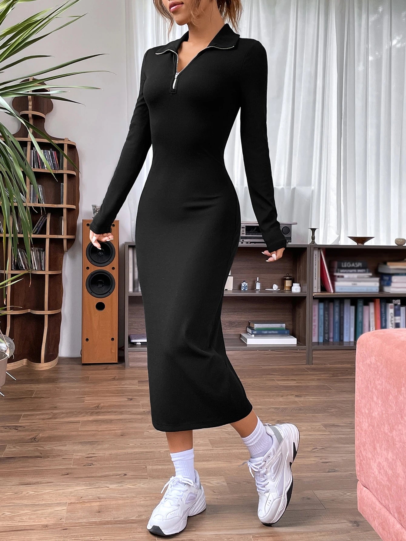 Solid Ribbed Knit Quarter Zip Bodycon Dress