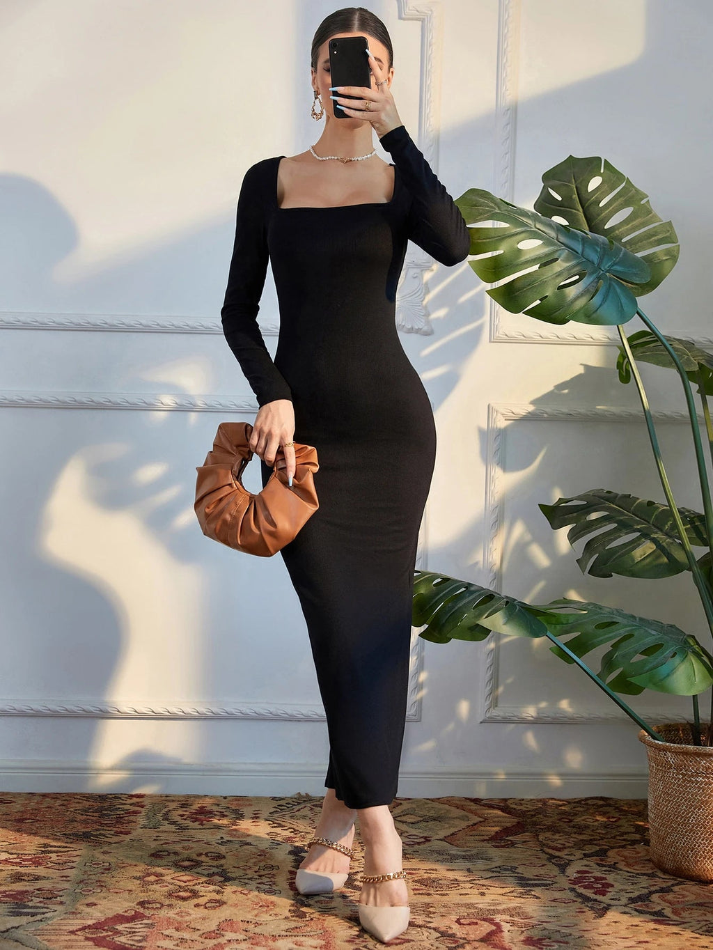 Square Neck Split Back Bodycon Dress