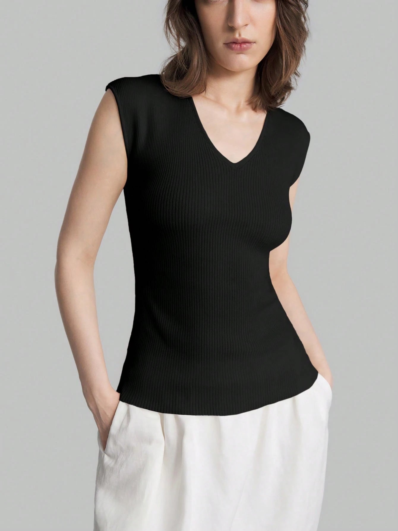 Solid Color Urban Chic Fashion Casual V-Neck Cap Sleeve Knit Blouse