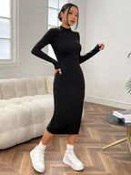 Mock Neck Split Thigh Bodycon Black Dress