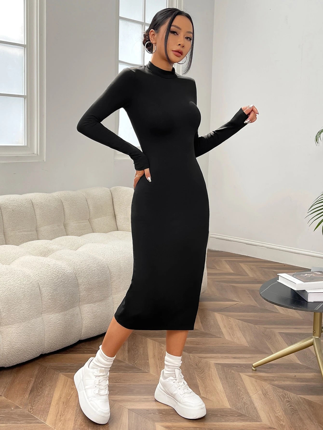 Mock Neck Split Thigh Bodycon Black Dress