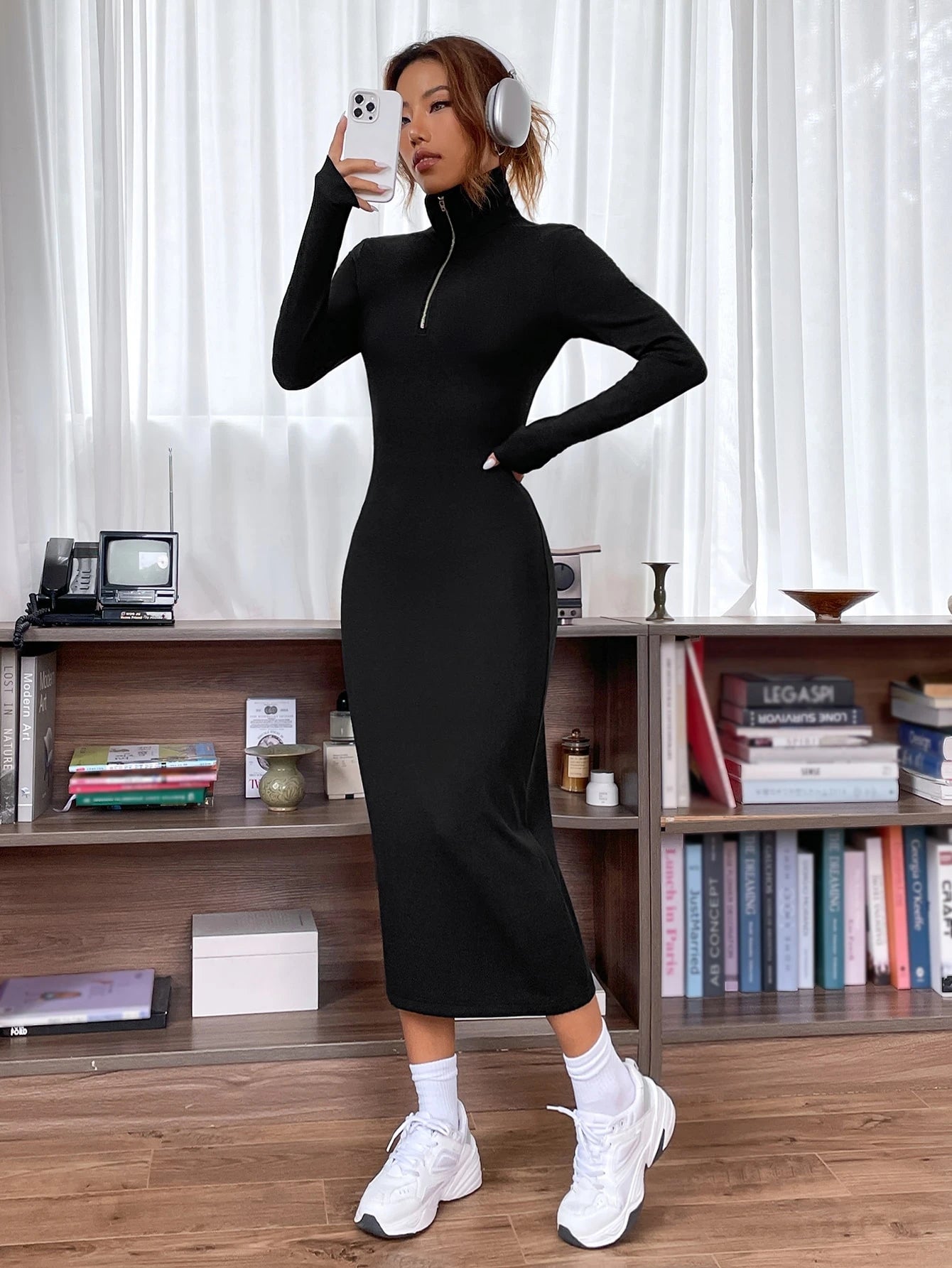 Solid Ribbed Knit Quarter Zip Bodycon Dress