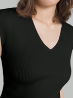 Solid Color Urban Chic Fashion Casual V-Neck Cap Sleeve Knit Blouse