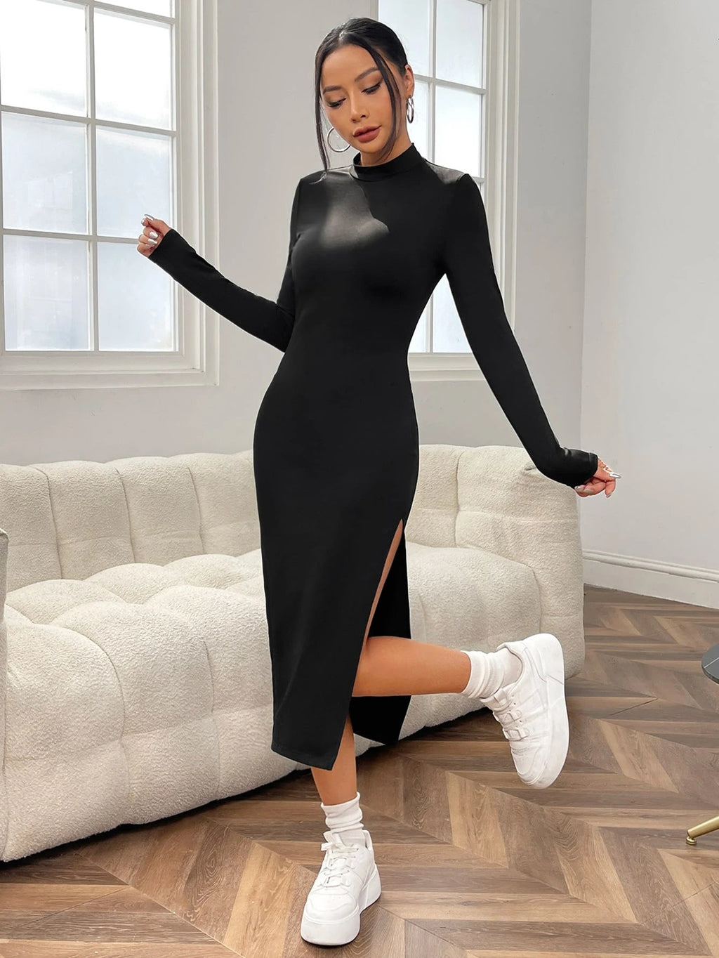 Mock Neck Split Thigh Bodycon Black Dress