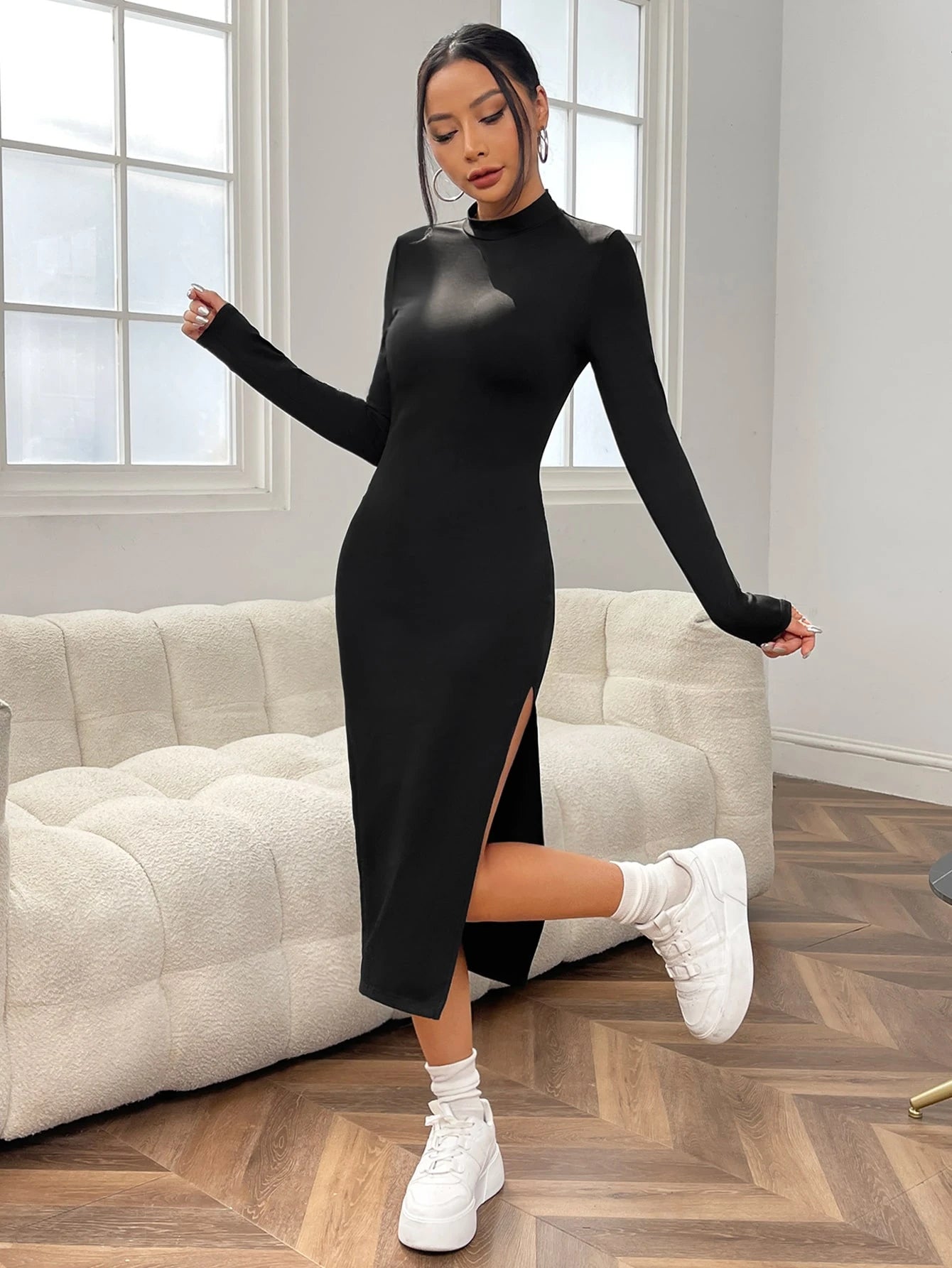 Mock Neck Split Thigh Bodycon Black Dress