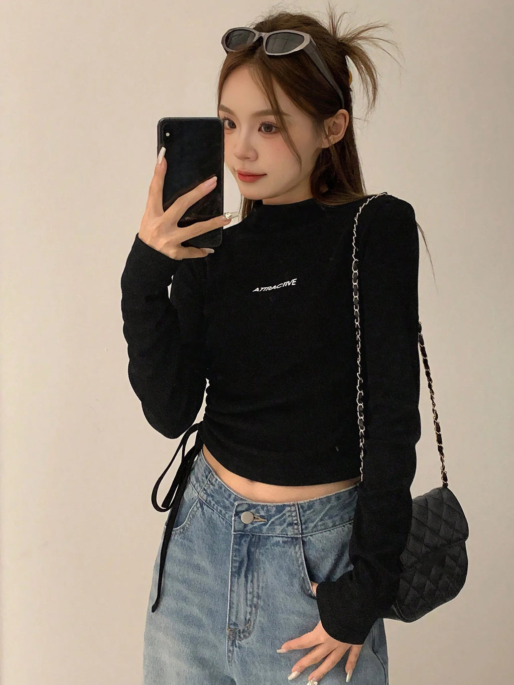 Letter Graphic Drawstring Side Mock Neck Tee