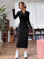 Solid Ribbed Knit Quarter Zip Bodycon Dress