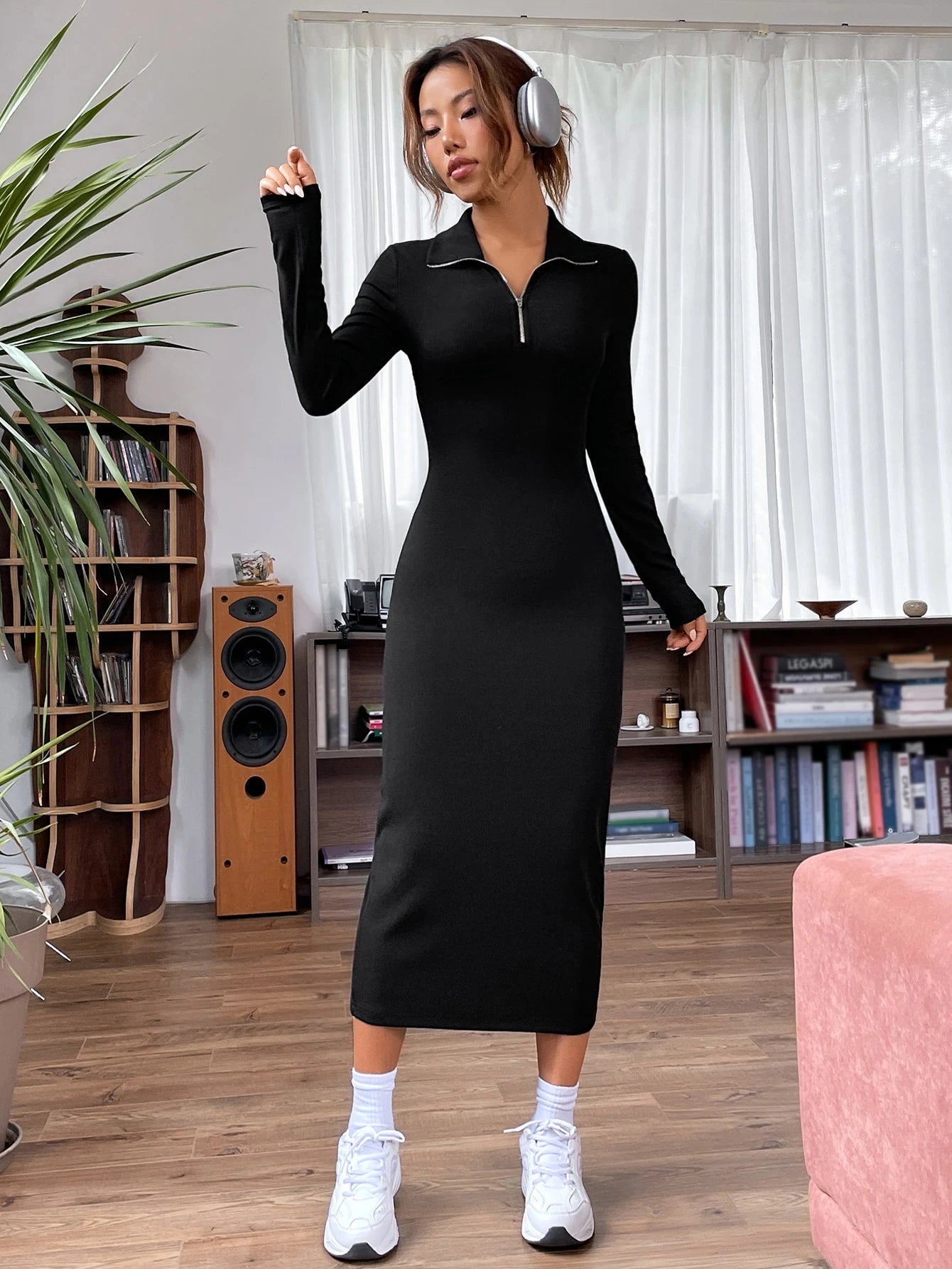 Solid Ribbed Knit Quarter Zip Bodycon Dress