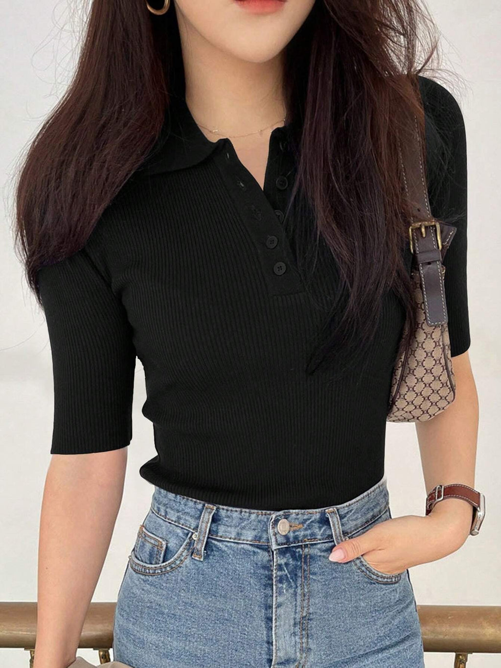 Polo Neck Half-Open Knitted Top With Short Sleeves Summer