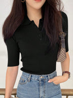 Polo Neck Half-Open Knitted Top With Short Sleeves Summer