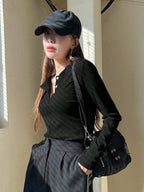 Women's Semi-Open Collar Fitted Long Sleeve T-Shirt