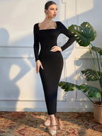Square Neck Split Back Bodycon Dress