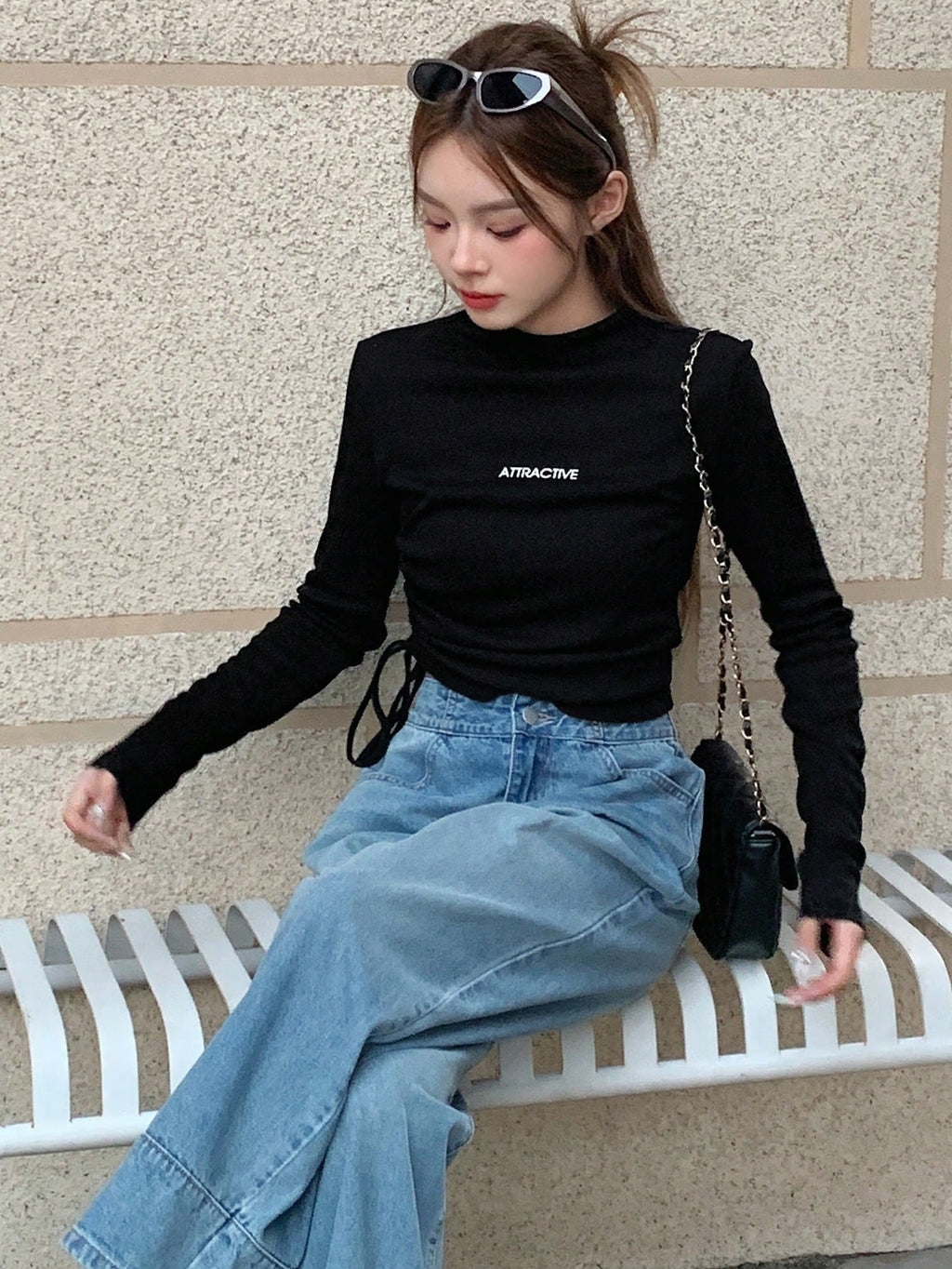 Letter Graphic Drawstring Side Mock Neck Tee