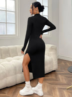 Mock Neck Split Thigh Bodycon Black Dress