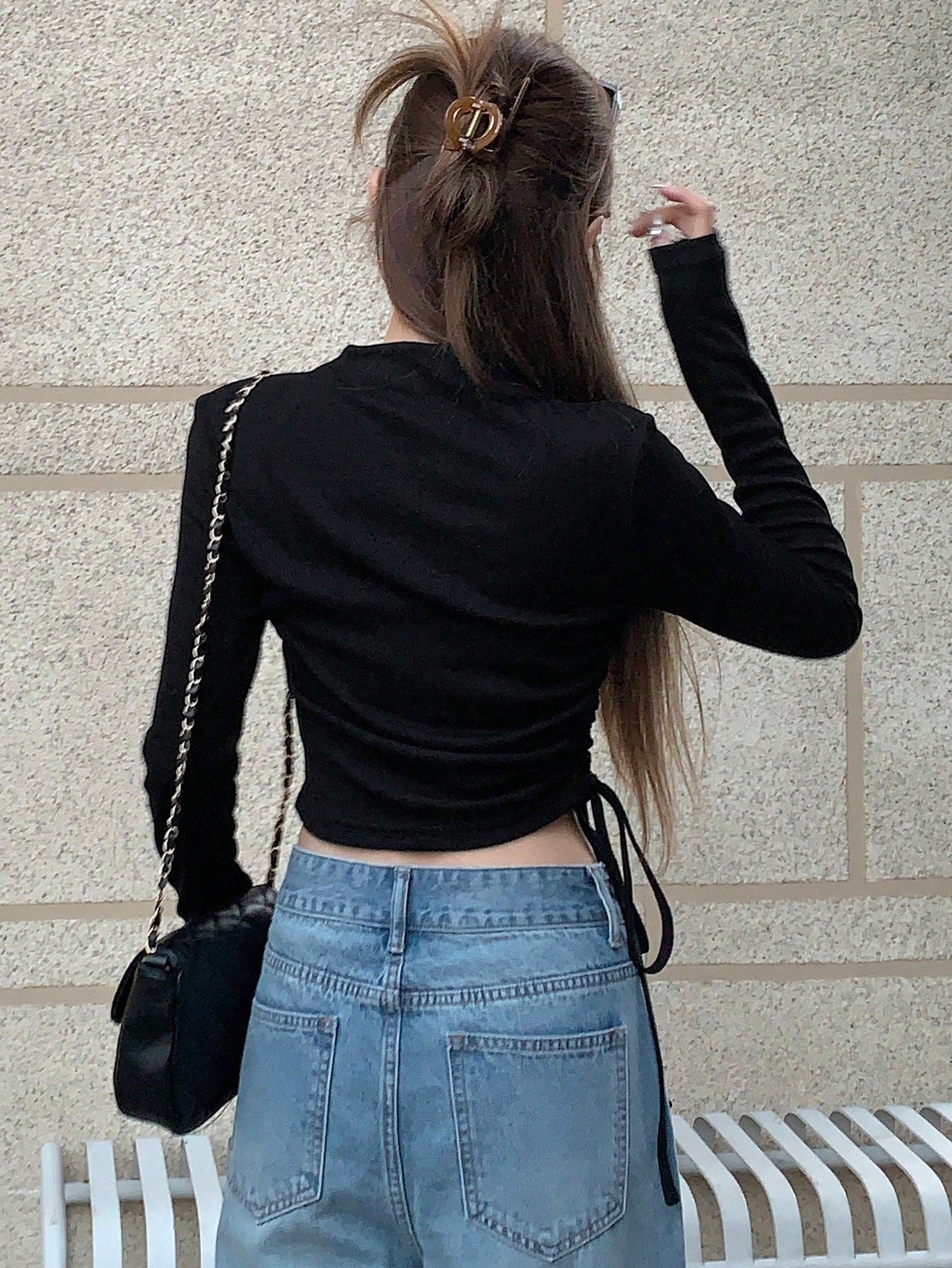 Letter Graphic Drawstring Side Mock Neck Tee