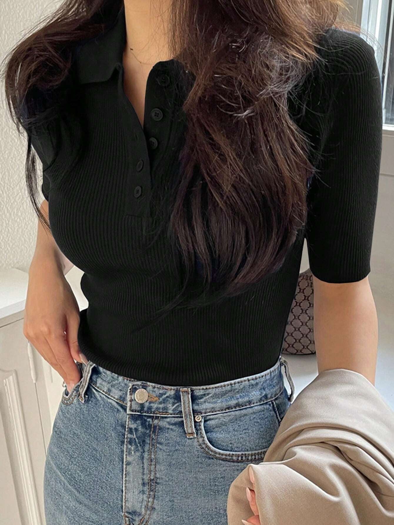 Polo Neck Half-Open Knitted Top With Short Sleeves Summer