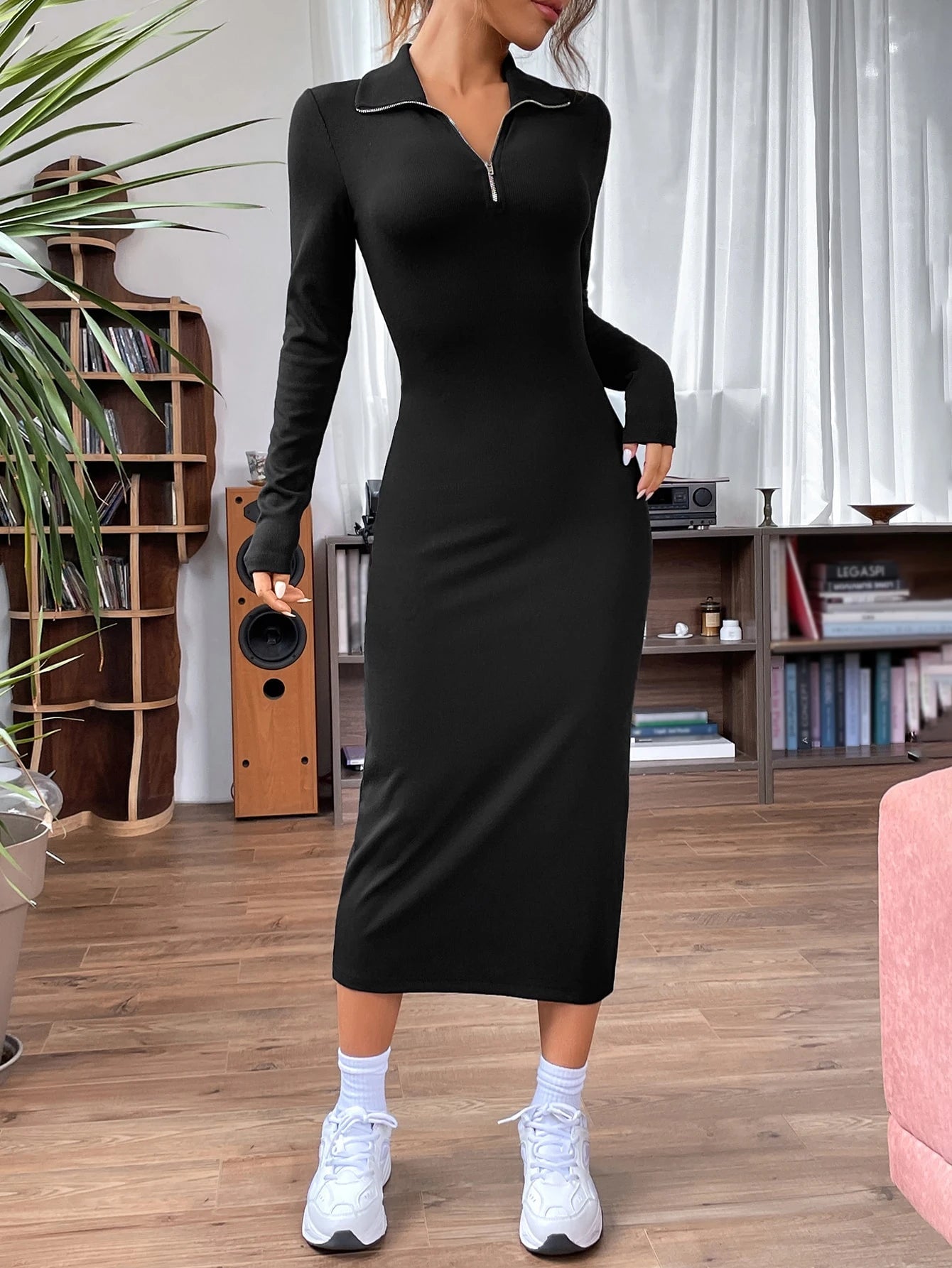 Solid Ribbed Knit Quarter Zip Bodycon Dress