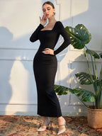 Square Neck Split Back Bodycon Dress