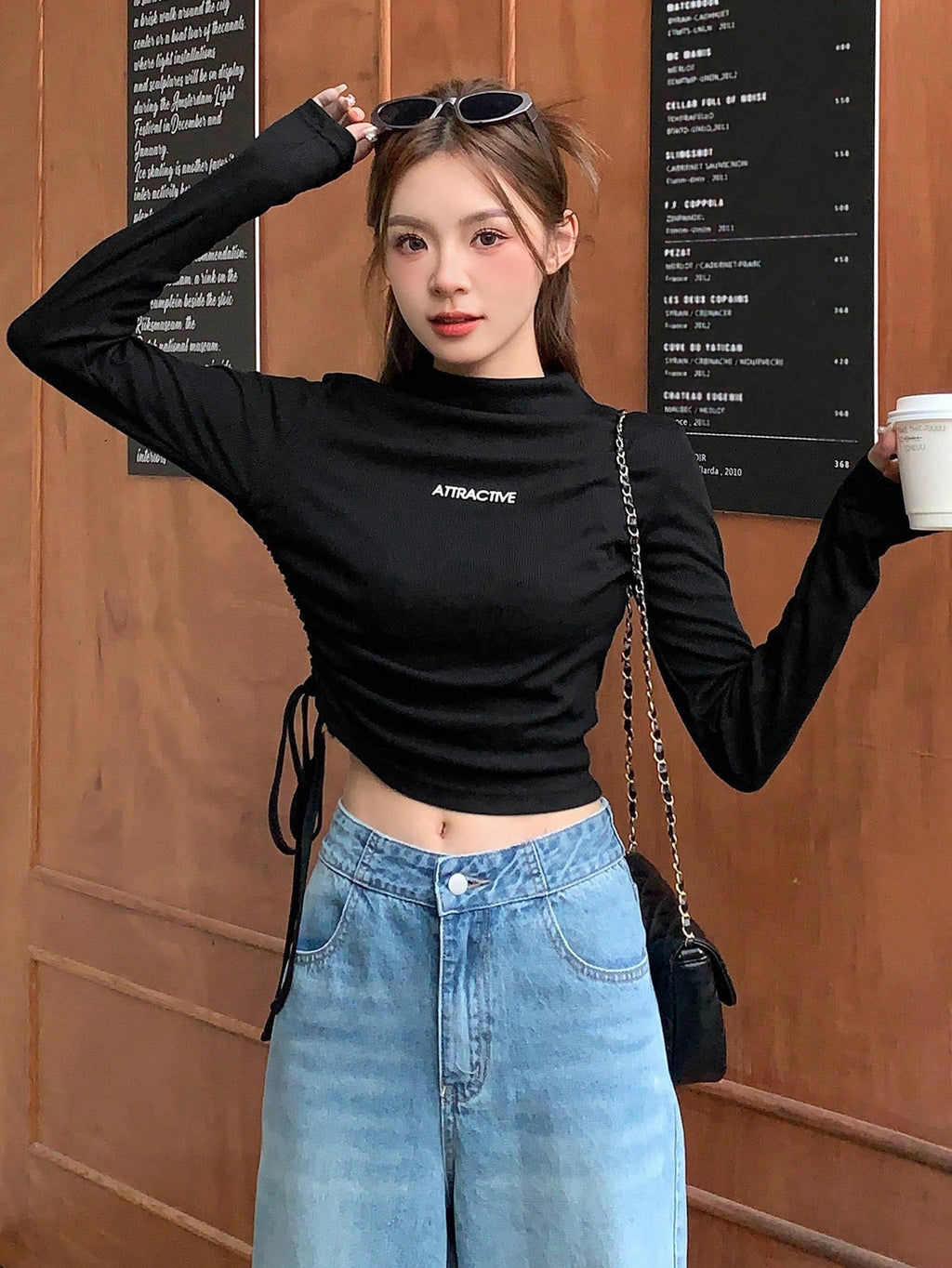 Letter Graphic Drawstring Side Mock Neck Tee