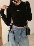 Letter Graphic Drawstring Side Mock Neck Tee
