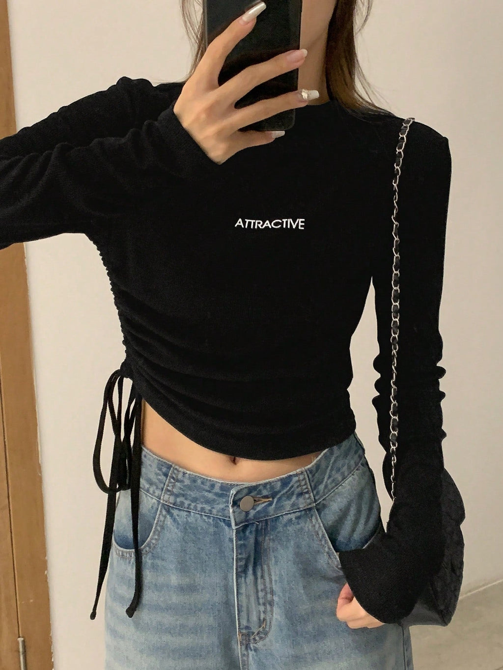Letter Graphic Drawstring Side Mock Neck Tee