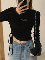 Letter Graphic Drawstring Side Mock Neck Tee