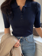 Polo Neck Half-Open Knitted Top With Short Sleeves Summer